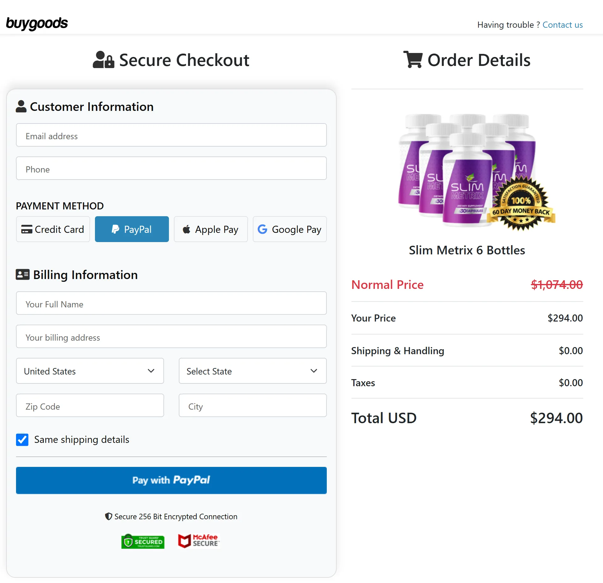 SlimMetrix Checkout Page